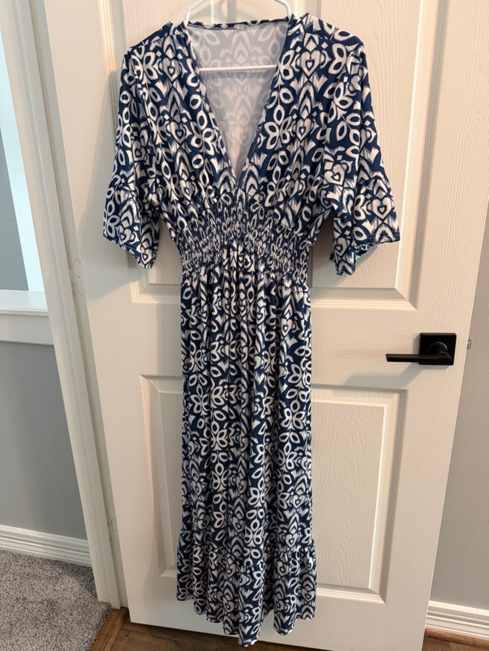Amazon Blue and White V-Neck Smocked Maxi Dress